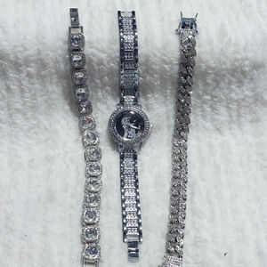 Women's Silver Tone Iced Out Watch & Bracelet Set